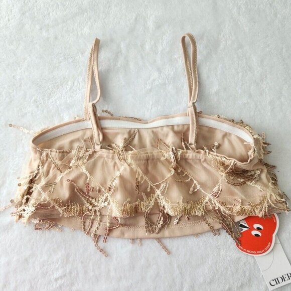 NWT Cider Sequin Tassel Crop Cami Top Size XS Gold Embellished Festival Concert - Picture 10 of 15